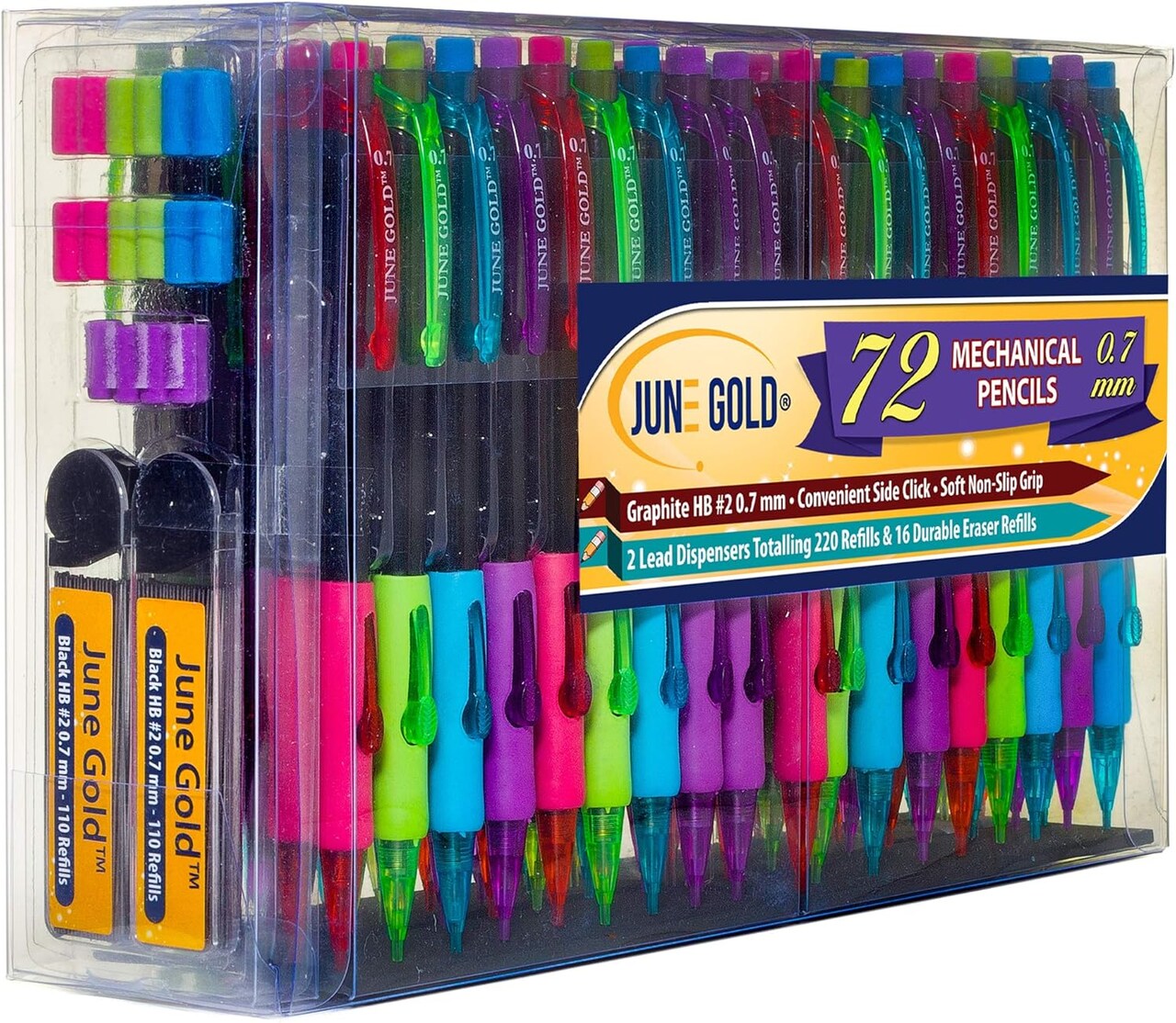 72 Mechanical Pencils, 0.7 mm HB Lead, 2 Lead Dispensers with 220 Refills & 16 Erasers, Break Resistant, Convenient Side Click & Soft Non-Slip Grip